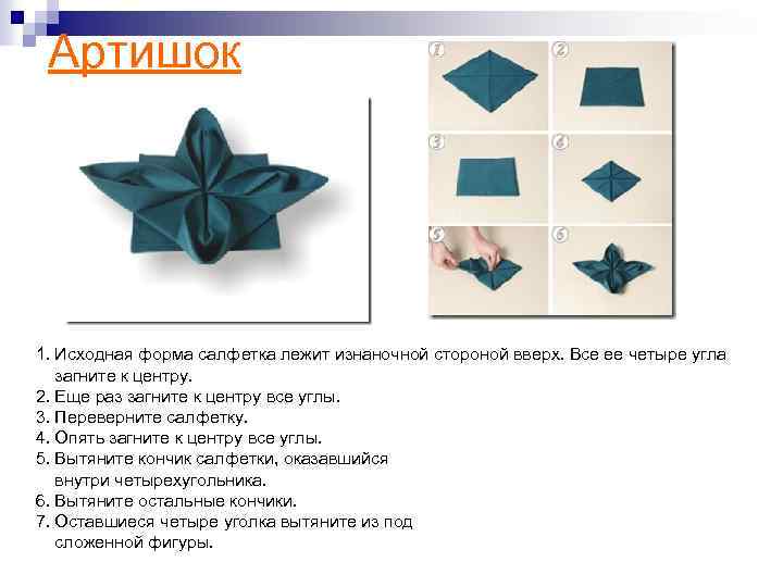 Артишок 1. Исходная форма салфетка лежит изнаночной стороной вверх. Все ее четыре угла загните