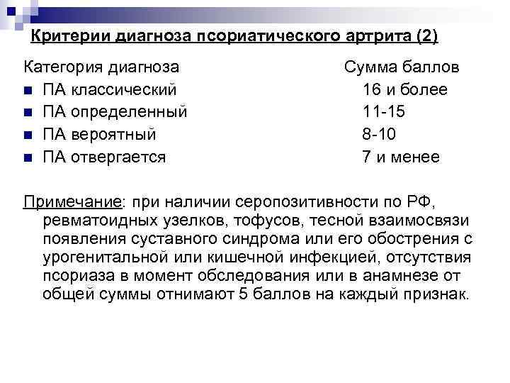 Критерии диагноза псориатического артрита (2) Категория диагноза n ПА классический n ПА определенный n