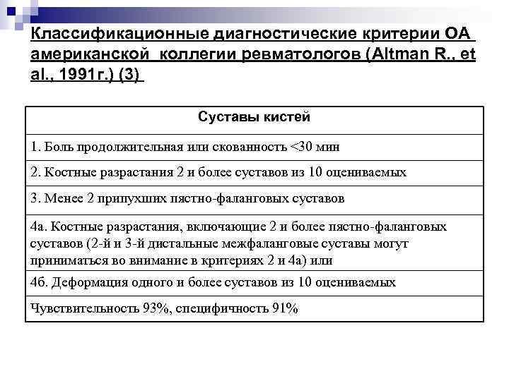 Классификационные диагностические критерии ОА американской коллегии ревматологов (Altman R. , et al. , 1991