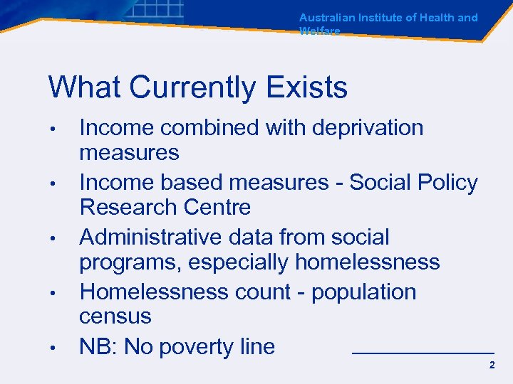 Australian Institute of Health and Welfare What Currently Exists • • • Income combined