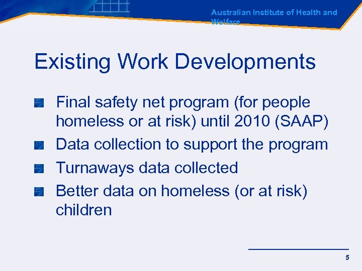 Australian Institute of Health and Welfare Existing Work Developments Final safety net program (for