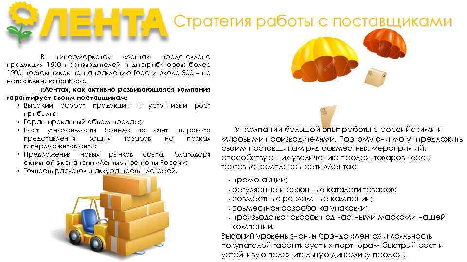 Стратегия работы с поставщиками В гипермаркетах «Лента» представлена продукция 1500 производителей и дистрибуторов: более
