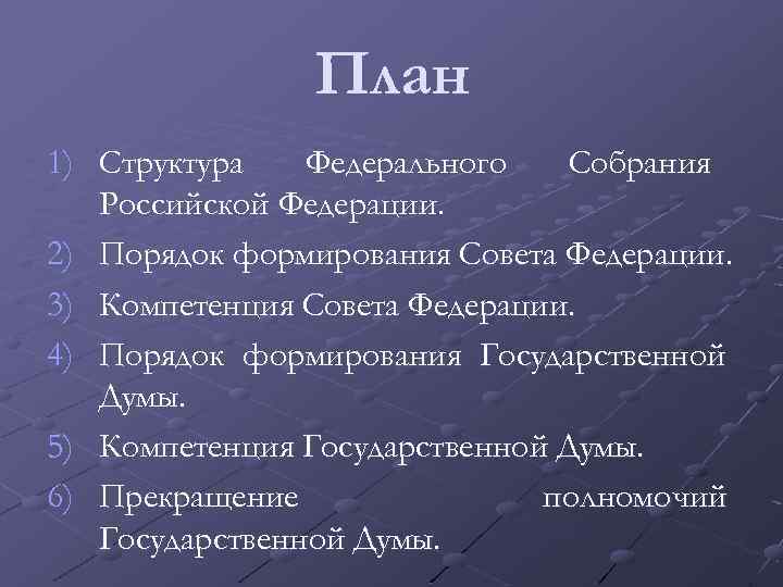 План 1) Структура Федерального Собрания Российской Федерации. 2) Порядок формирования Совета Федерации. 3) Компетенция
