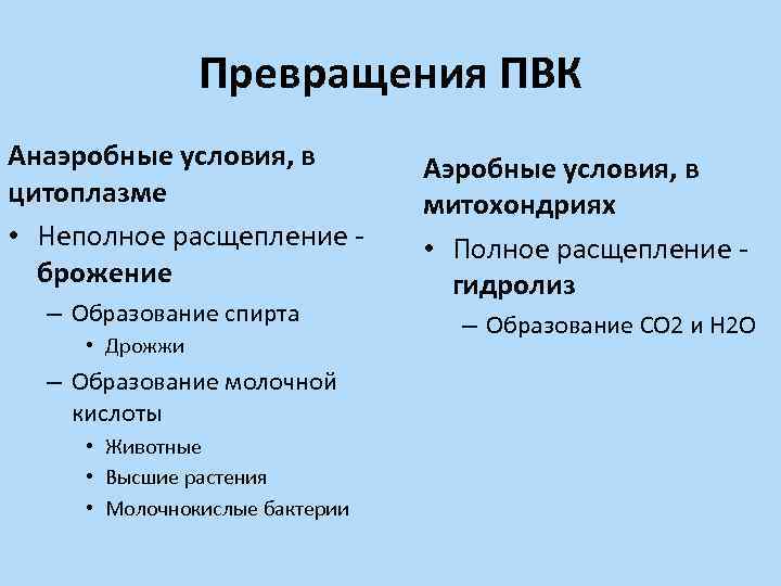 Превращения ПВК Анаэробные условия, в цитоплазме • Неполное расщепление брожение – Образование спирта •