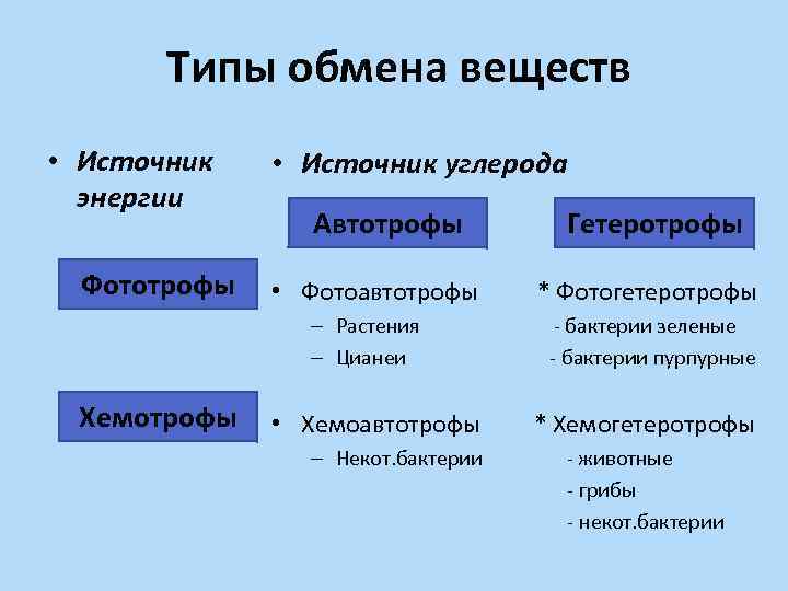 Типы обмена веществ • Источник энергии Фототрофы • Источник углерода Автотрофы • Фотоавтотрофы –