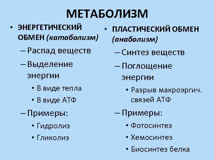 МЕТАБОЛИЗМ • ЭНЕРГЕТИЧЕСКИЙ • ПЛАСТИЧЕСКИЙ ОБМЕН (катаболизм) (анаболизм) – Распад веществ – Выделение энергии