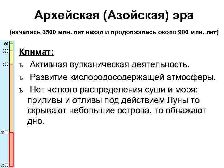 Архейская (Азойская) эра (началась 3500 млн. лет назад и продолжалась около 900 млн. лет)