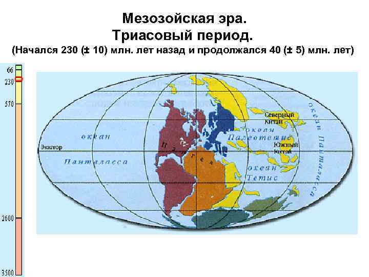 Мезозойская эра. Триасовый период. (Начался 230 (± 10) млн. лет назад и продолжался 40