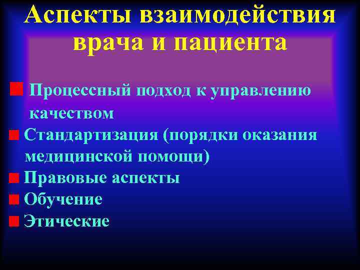 Аспекты взаимодействия врача и пациента Процессный подход к управлению качеством Стандартизация (порядки оказания медицинской