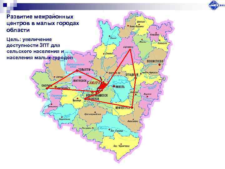 Развитие межрайонных центров в малых городах области Цель: увеличение доступности ЗПТ для сельского населения