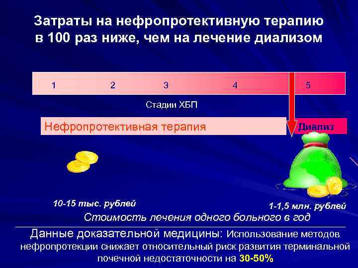 Затраты на нефропротективную терапию в 100 раз ниже, чем на лечение диализом 1 2