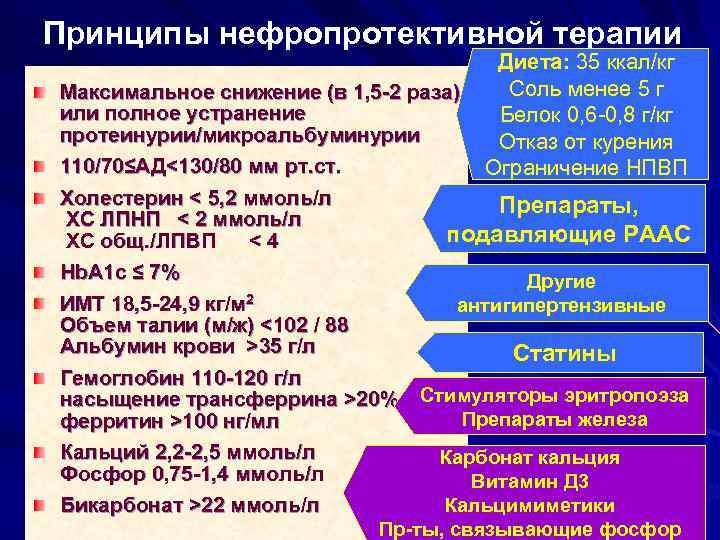 Принципы нефропротективной терапии Диета: 35 ккал/кг Соль менее 5 г Белок 0, 6 -0,