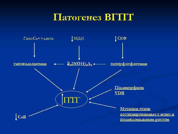 Патогенез ВГПТ Гипо. Са++диета гипокальциемия МДН 1, 25(ОН)2 Д 3 ПТГ Cа. R СКФ