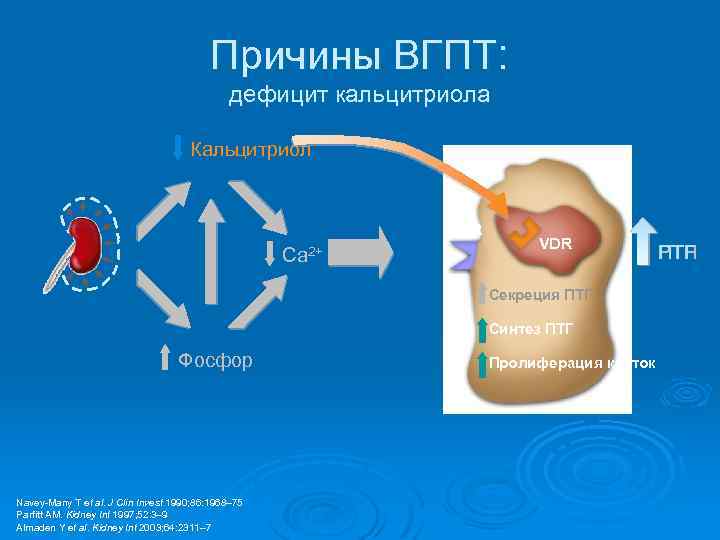 Причины ВГПТ: дефицит кальцитриола Кальцитриол Ca. R Ca 2+ VDR Секреция ПТГ Синтез ПТГ