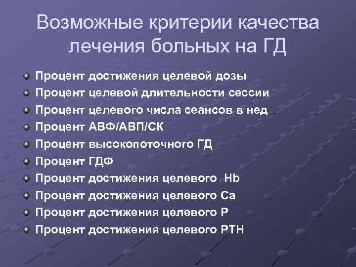 Возможные критерии качества лечения больных на ГД Процент достижения целевой дозы Процент целевой длительности
