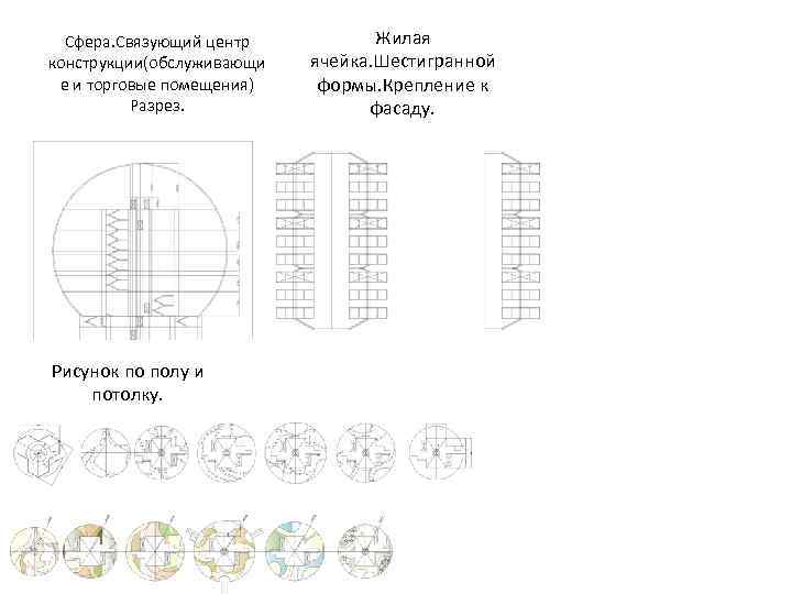 Сфера. Связующий центр конструкции(обслуживающи е и торговые помещения) Разрез. Рисунок по полу и потолку.