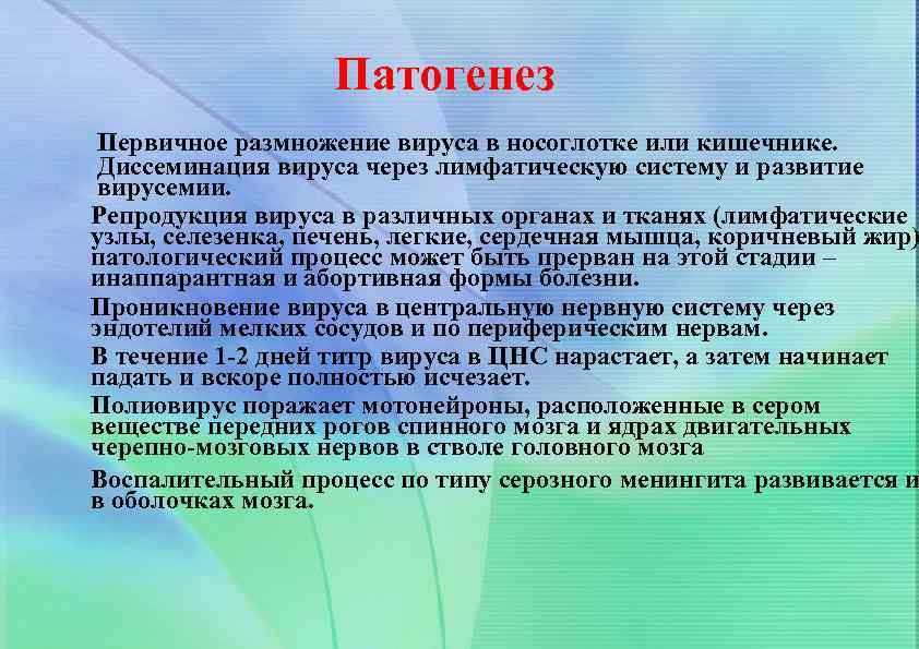 Патогенез Первичное размножение вируса в носоглотке или кишечнике. Диссеминация вируса через лимфатическую систему и