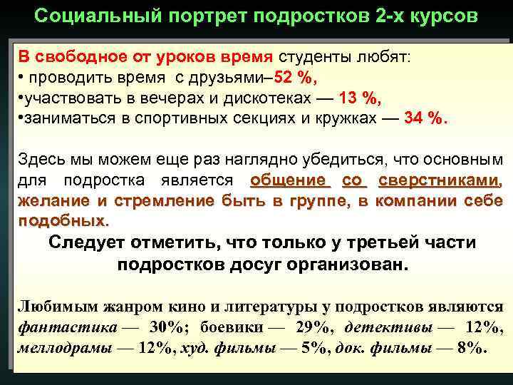 Социальный портрет подростков 2 -х курсов В свободное от уроков время студенты любят: •