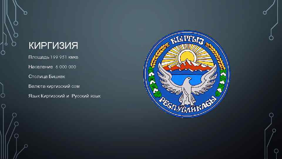 КИРГИЗИЯ Площадь 199 951 кмкв Население 6 000 Столица Бишкек Валюта киргизский сом Язык