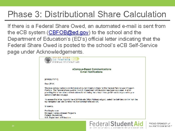 Phase 3: Distributional Share Calculation If there is a Federal Share Owed, an automated