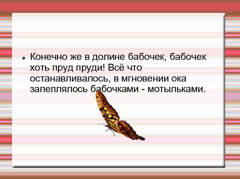  Конечно же в долине бабочек, бабочек хоть пруди! Всё что останавливалось, в мгновении