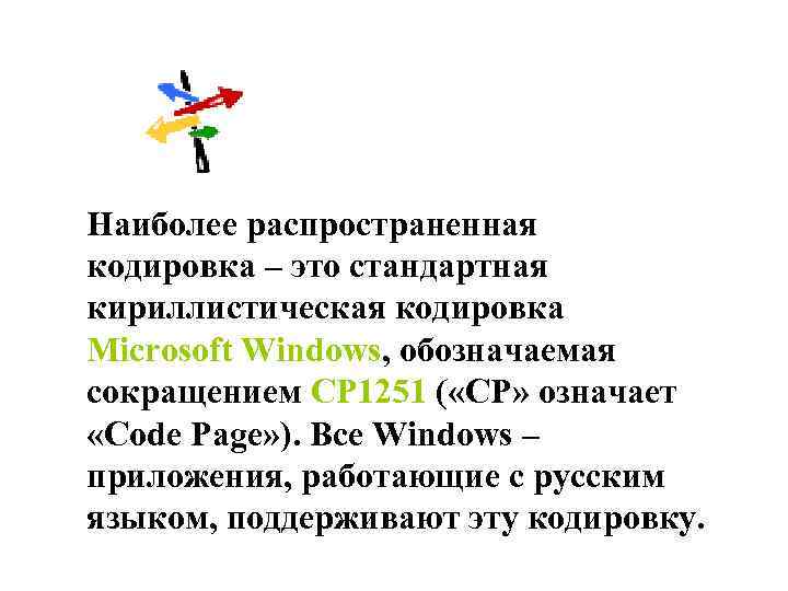 Наиболее распространенная кодировка – это стандартная кириллистическая кодировка Microsoft Windows, обозначаемая сокращением CP 1251