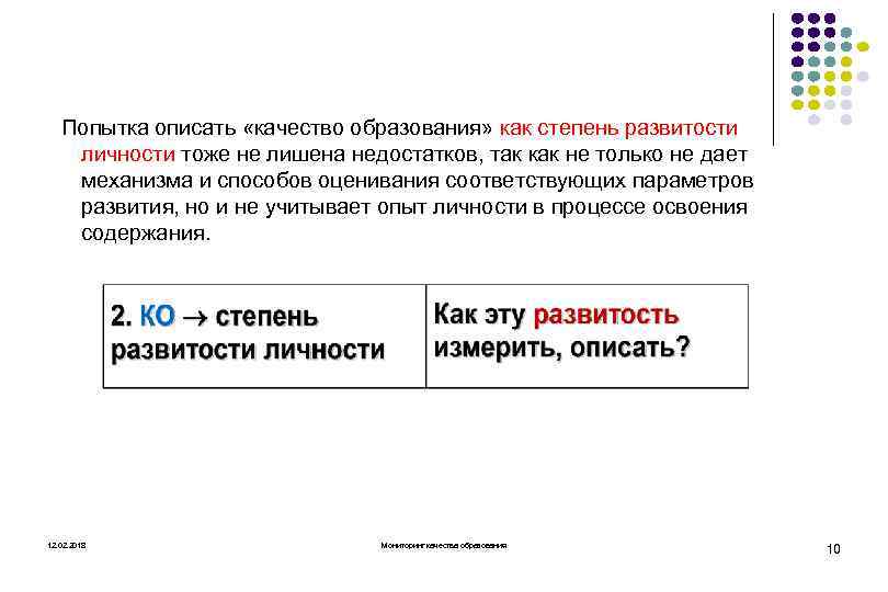 Попытка описать «качество образования» как степень развитости личности тоже не лишена недостатков, так как