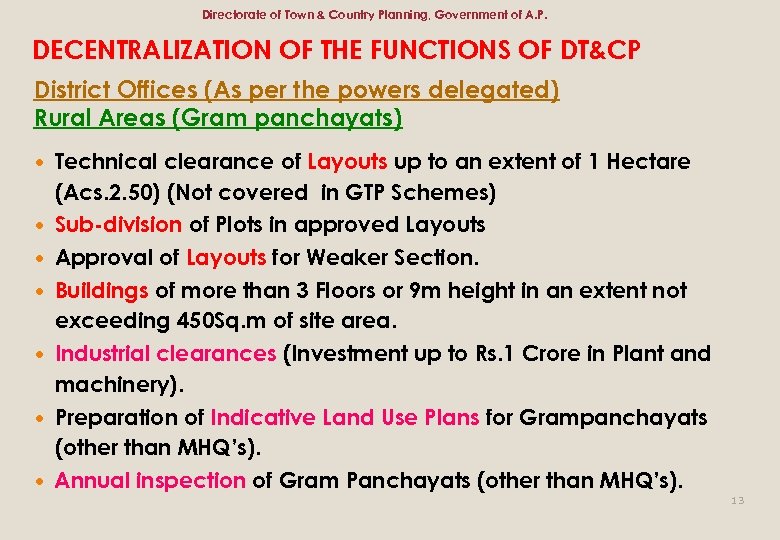 Directorate of Town & Country Planning, Government of A. P. DECENTRALIZATION OF THE FUNCTIONS