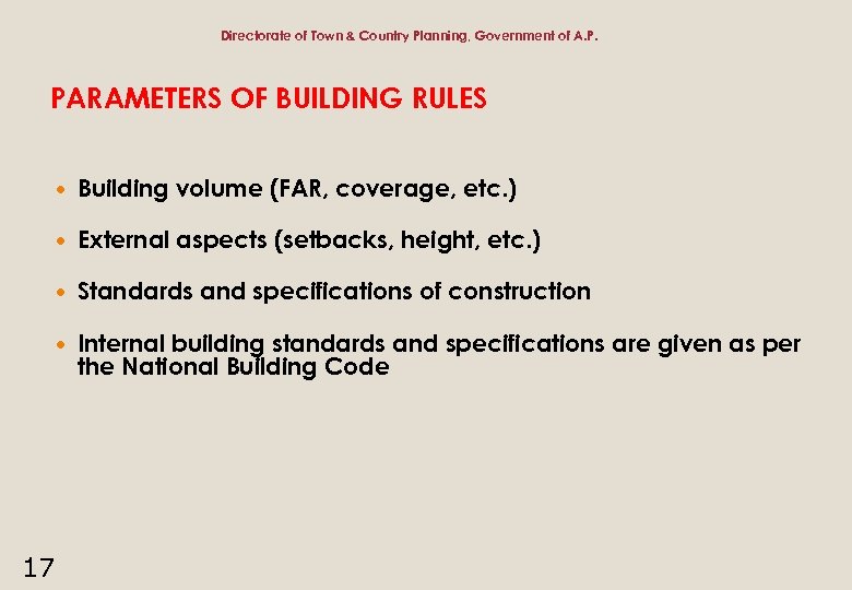 Directorate of Town & Country Planning, Government of A. P. PARAMETERS OF BUILDING RULES