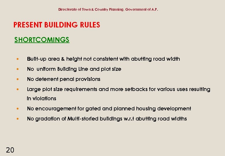 Directorate of Town & Country Planning, Government of A. P. PRESENT BUILDING RULES SHORTCOMINGS