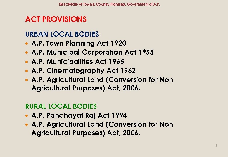 Directorate of Town & Country Planning, Government of A. P. ACT PROVISIONS URBAN LOCAL