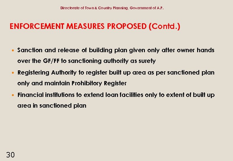 Directorate of Town & Country Planning, Government of A. P. ENFORCEMENT MEASURES PROPOSED (Contd.