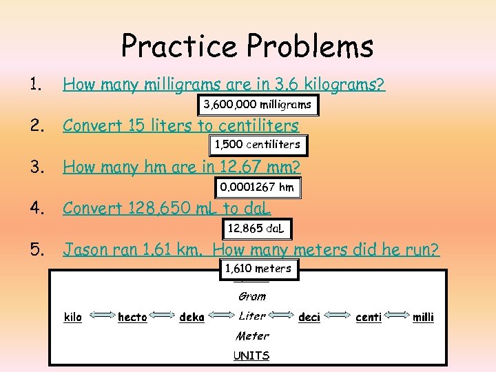 Practice Problems 1. How many milligrams are in 3. 6 kilograms? 3, 600, 000