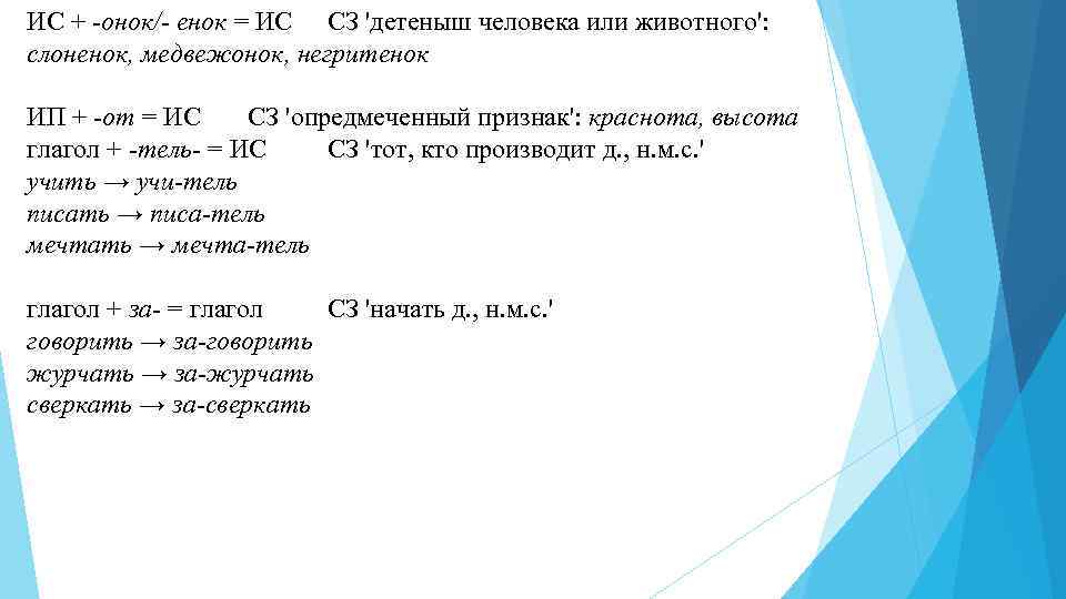 ИС + онок/ енок = ИС СЗ 'детеныш человека или животного': слоненок, медвежонок, негритенок