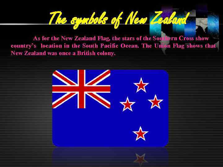 The symbols of New Zealand As for the New Zealand Flag, the stars of