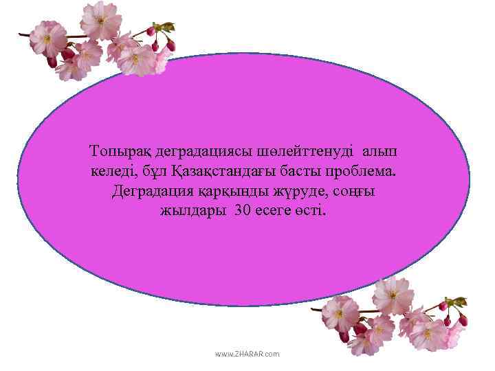 Топырақ деградациясы шөлейттенуді алып келеді, бұл Қазақстандағы басты проблема. Деградация қарқынды жүруде, соңғы жылдары