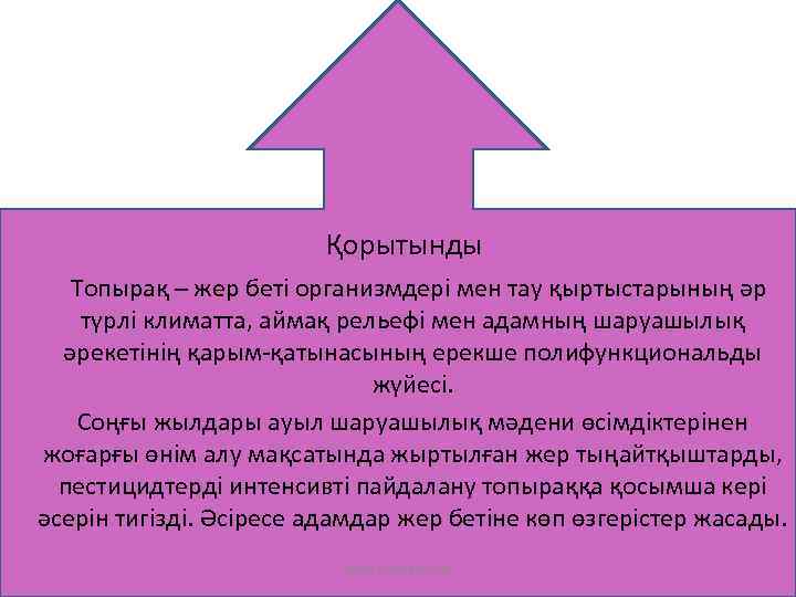 Қорытынды Топырақ – жер беті организмдері мен тау қыртыстарының әр түрлі климатта, аймақ рельефі