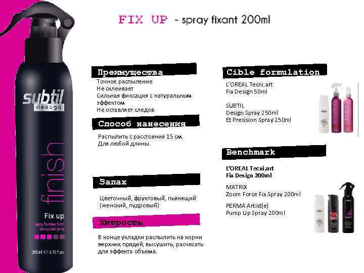 Преимущества Точное распыление Не склеивает Сильная фиксация с натуральным эффектом Не оставляет следов Способ