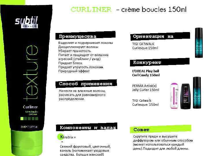 Преимущества Ориентация на Выделяет и подчеркивает локоны Дисциплинирует волосы Убирает пушистость Питает и защищает
