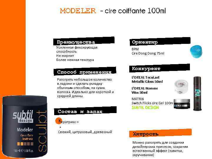 Преимущества Усиленная фиксирующая способность Не жирнит Более нежная текстура Способ применения Разогреть небольшое количество