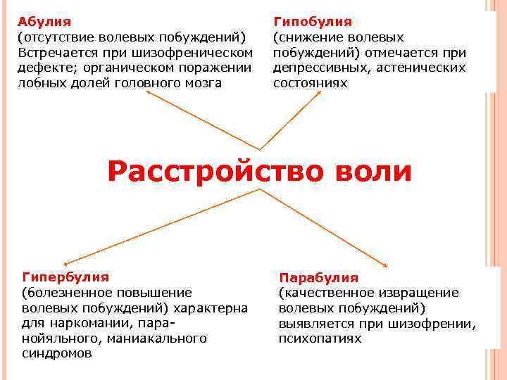 Абулия (отсутствие волевых побуждений) Встречается при шизофреническом дефекте; органическом поражении лобных долей головного мозга