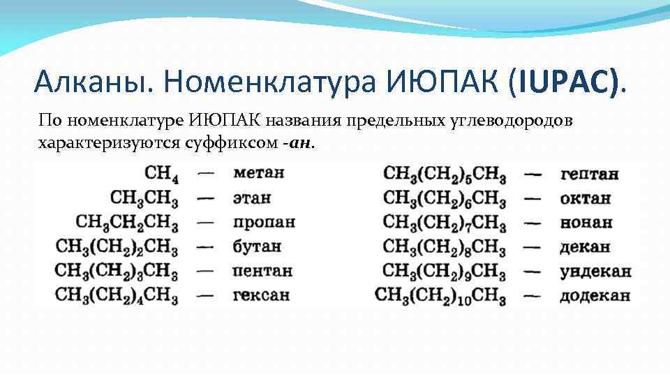 Алканы. Номенклатура ИЮПАК (IUPAC). По номенклатуре ИЮПАК названия предельных углеводородов характеризуются суффиксом -ан. 