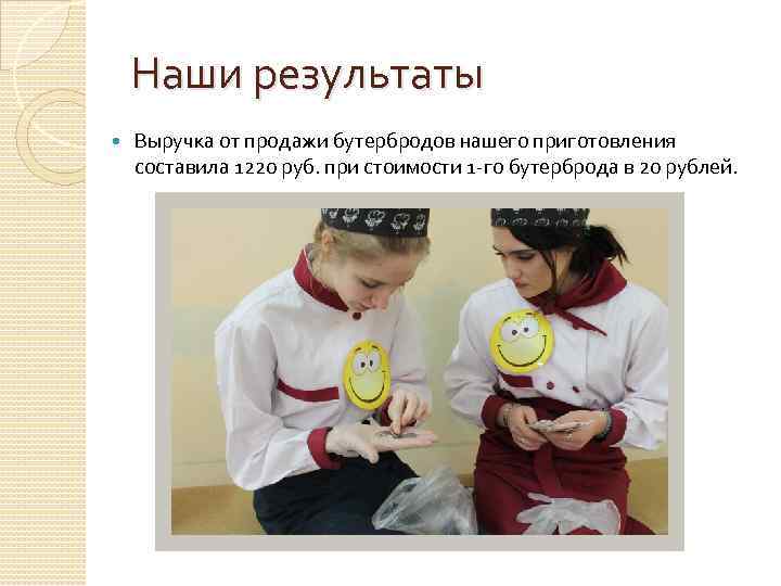 Наши результаты Выручка от продажи бутербродов нашего приготовления составила 1220 руб. при стоимости 1