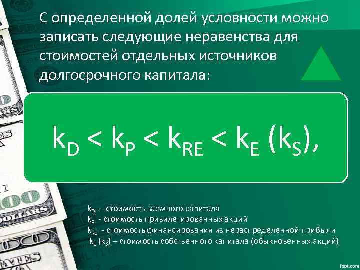 С определенной долей условности можно записать следующие неравенства для стоимостей отдельных источников долгосрочного капитала: