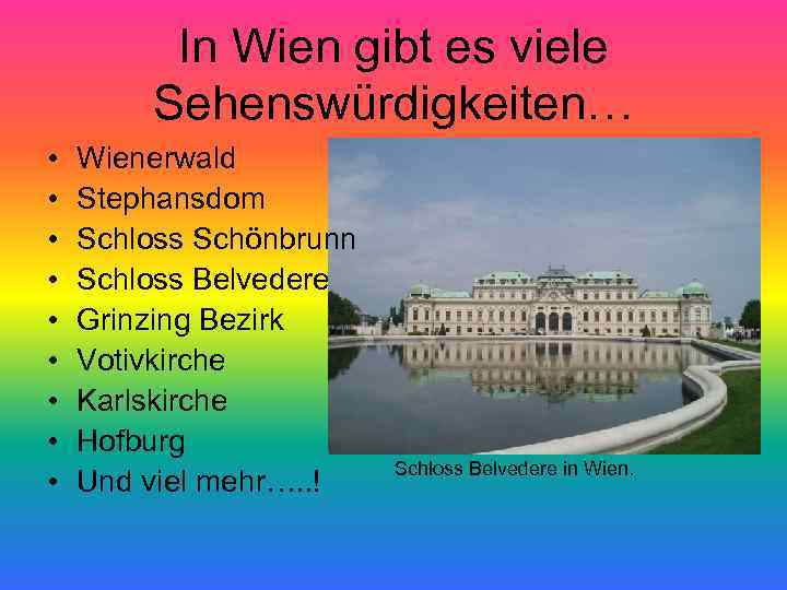 In Wien gibt es viele Sehenswürdigkeiten… • • • Wienerwald Stephansdom Schloss Schönbrunn Schloss