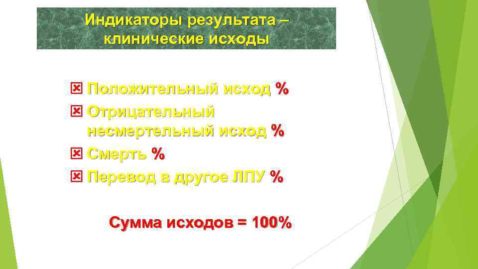 Индикаторы результата – клинические исходы ý Положительный исход % ý Отрицательный несмертельный исход %