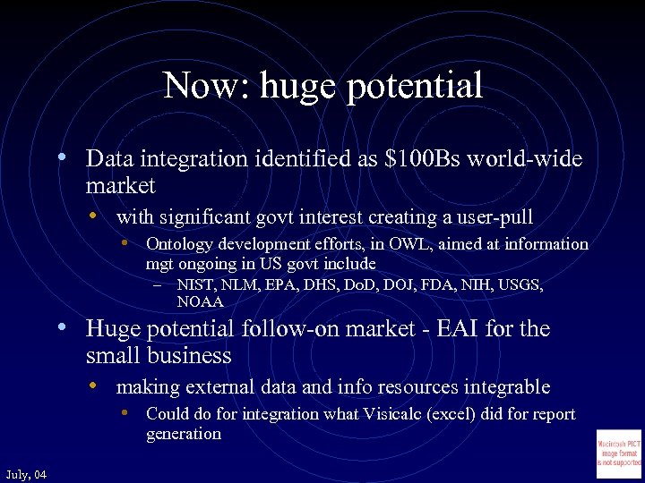 Now: huge potential • Data integration identified as $100 Bs world-wide market • with