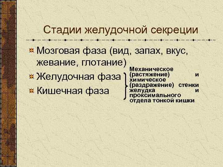 Стадии желудочной секреции Мозговая фаза (вид, запах, вкус, жевание, глотание) Механическое и Желудочная фаза