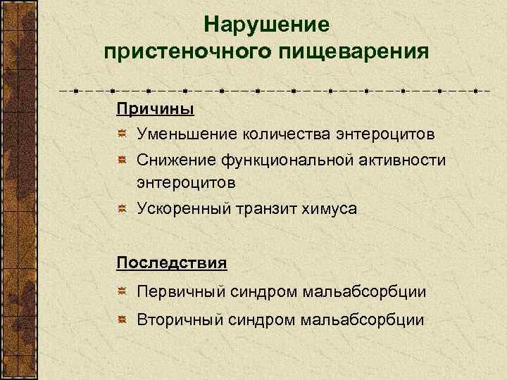 Нарушение пристеночного пищеварения Причины Уменьшение количества энтероцитов Снижение функциональной активности энтероцитов Ускоренный транзит химуса