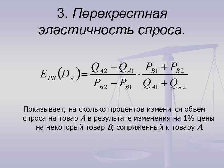 3. Перекрестная эластичность спроса. Показывает, на сколько процентов изменится объем спроса на товар A